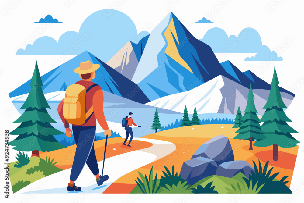 Fototapeta premium Two Hikers Walking on a Path Towards a Mountain Range