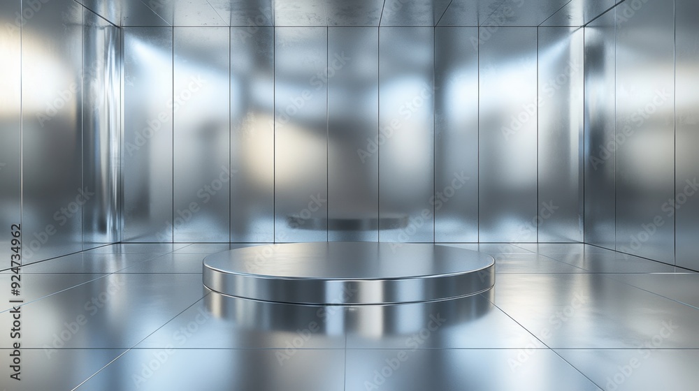 Obraz premium Polished Chrome Display, Sleek reflection on a corner podium showcasing a cosmetic product, featuring shiny silver and glass surfaces illuminated by soft light flares