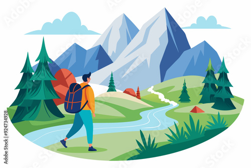 A man with a backpack walks through a mountainous landscape