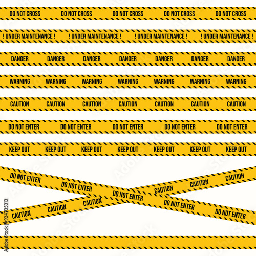 Construction or police crime scene sign with different restriction texts. Yellow and black warning tape design and restriction tape vector. Seamless caution, under maintenance, do not enter tape.