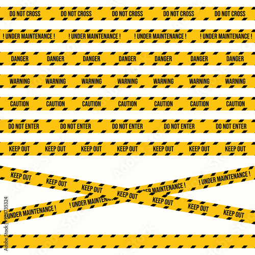 Do not enter seamless sign with black and yellow colors for police. Restricted or construction area tape design. Crime scene restriction tape vector with different text and blank space.