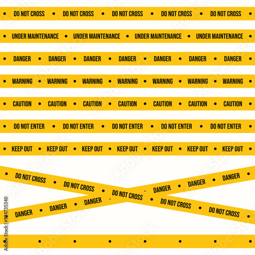 Crime scene and police warning tape vector with black and yellow colors. Road construction signs with different caution texts. Industrial safety and maintenance tape collection on a white background.