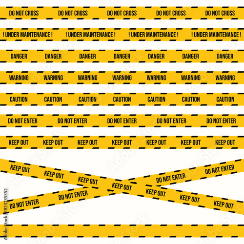 Safety tape design with black and yellow colors. Under maintenance seamless tape vector for a construction site. Police or industrial safety tape collection with police warning sign and blank space.