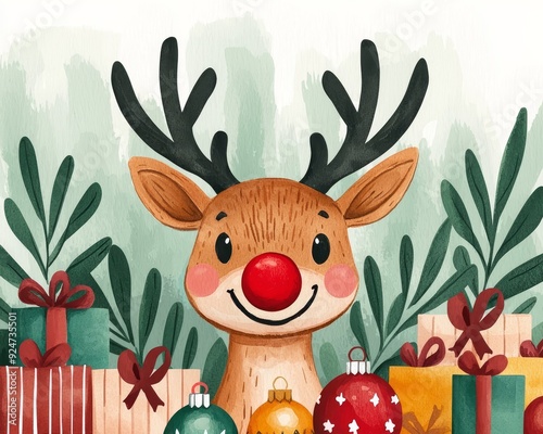 A cheerful reindeer surrounded by colorful gifts and festive ornaments, perfect for holiday-themed projects. photo