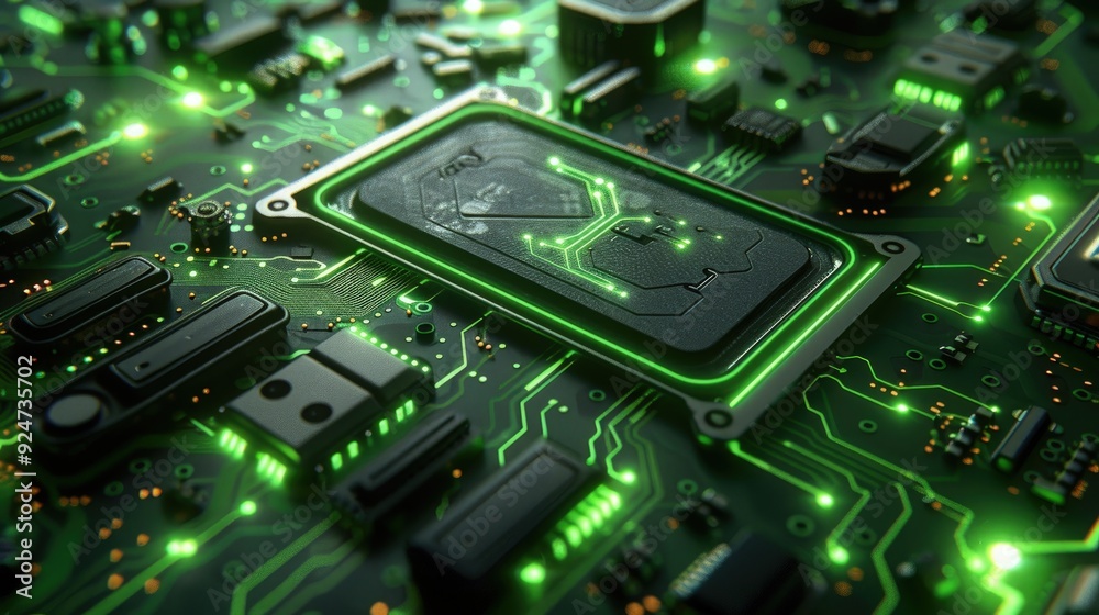 Circuit board microchips with green backlight. Nanotechnology sustainable background. Circuit board microchips with green backlight. Nanotechnology sustainable background.
