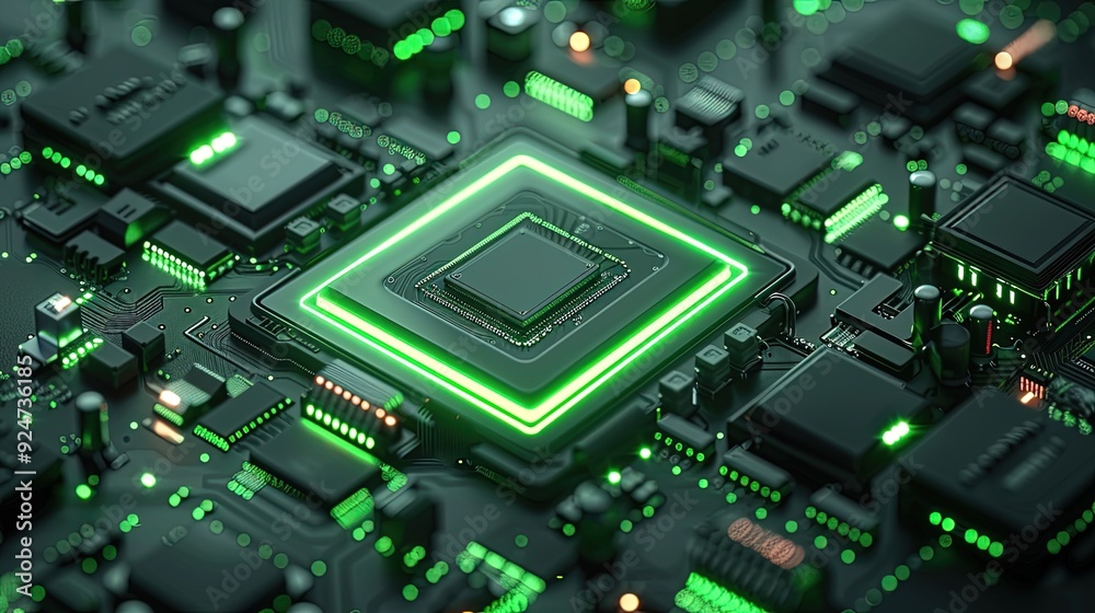 Circuit board microchips with green backlight. Nanotechnology sustainable background. Circuit board microchips with green backlight. Nanotechnology sustainable background.
