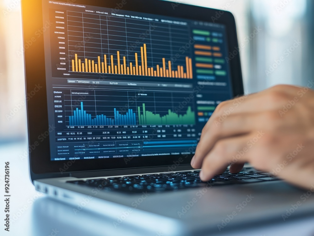 A close-up of a hand typing on a laptop with data charts displaying various metrics for analysis and business insights. A close-up of a hand typing on a laptop with data charts displaying various metrics for analysis and business insights.