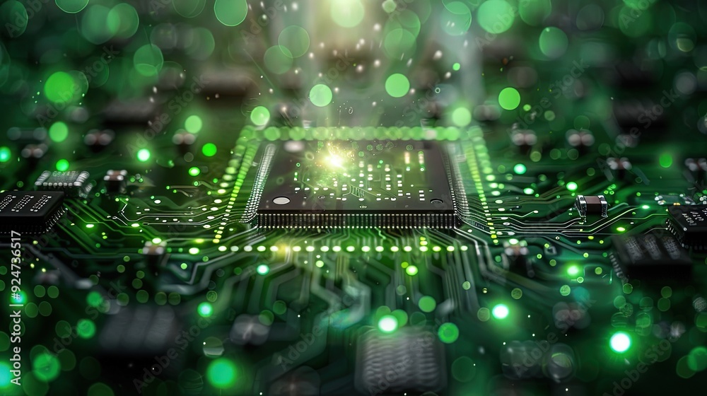Circuit board microchips with green backlight. Nanotechnology sustainable background. Circuit board microchips with green backlight. Nanotechnology sustainable background.