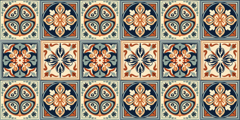 Fotobehang Portugese tegeltjes patronen Portugal Lisabon Azulejos ornament texture design, moroccan arabesque style square shape ceramic tile, vector seamless pattern  © Tetiana Kasatkina