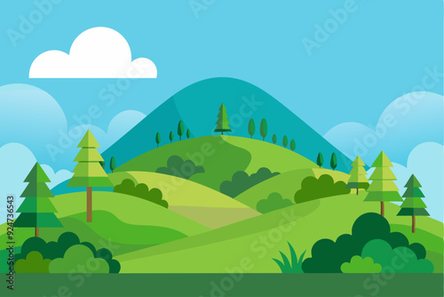 A Cartoon Landscape with Rolling Hills, Trees, and a Blue Sky