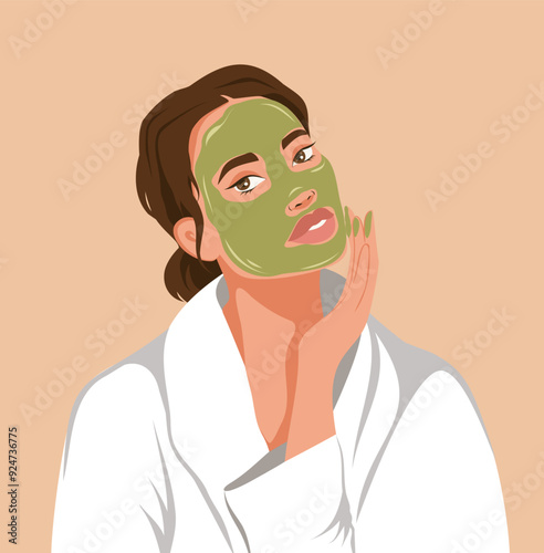 Facial skin care, woman applies and advertises anti-aging mask for glowing skin. A woman takes care of her facial skin. Vector illustration for advertising, website, banner, posters