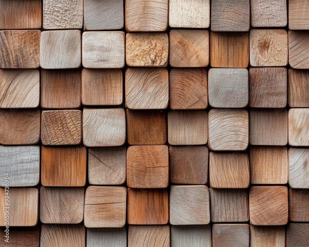 Fototapeta premium A close-up of wooden blocks arranged in a grid, showcasing the variety of textures and colors in natural wood.