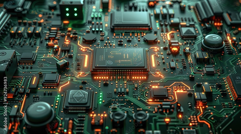 Fototapeta premium Circuit board microchips with green backlight. Nanotechnology sustainable background.