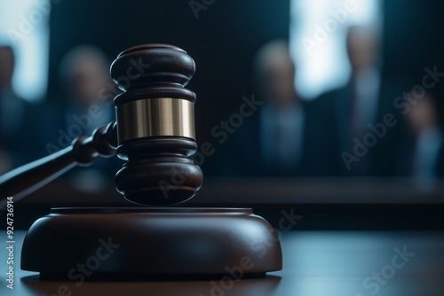 A close-up of a gavel in a courtroom setting, with blurred figures in the background, representing law, justice, and legal proceedings.