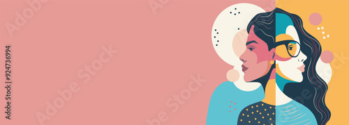 Vector banner place for text for International Women's Day, different women feminism. Vector banner memphis abstract concept of movement for gender equality and women's empowerment