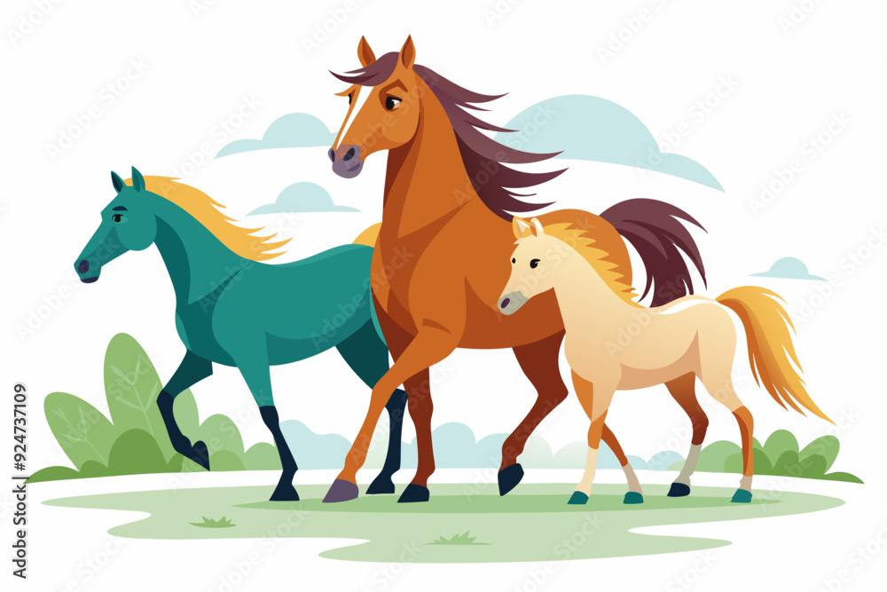 Three Horses in a Field, One Adult and Two Foals
