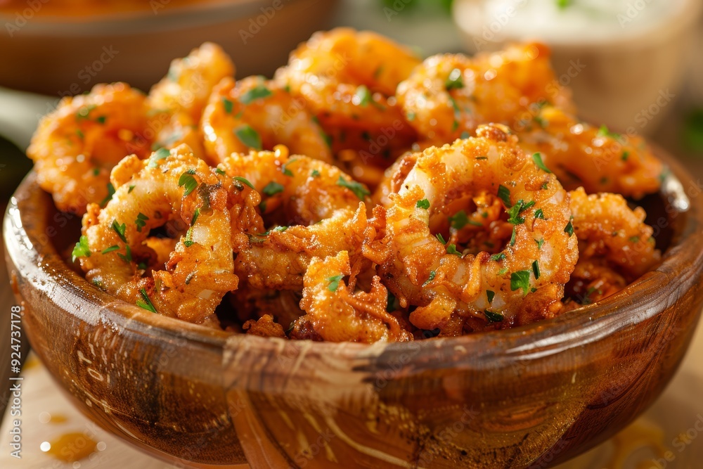 Close-up of Crispy Fried Calamari Rings Garnished with Fresh Herbs in a Rustic Wooden Bowl Close-up of Crispy Fried Calamari Rings Garnished with Fresh Herbs in a Rustic Wooden Bowl
