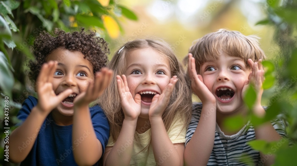 Three joyful children having fun in nature. They are laughing and playing, showcasing pure happiness. This delightful scene captures a moment of adventure. AI Three joyful children having fun in nature. They are laughing and playing, showcasing pure happiness. This delightful scene captures a moment of adventure. AI