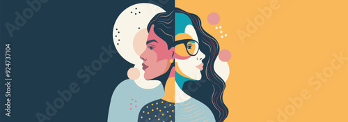Vector banner place for text for International Women's Day, women of different cultures and nationalities. Vector banner memphis abstract concept of movement for gender equality and women's empowermen