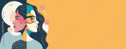Vector banner place for text for International Women's Day, different women. Vector banner memphis abstract concept of movement for gender equality and women's empowerment