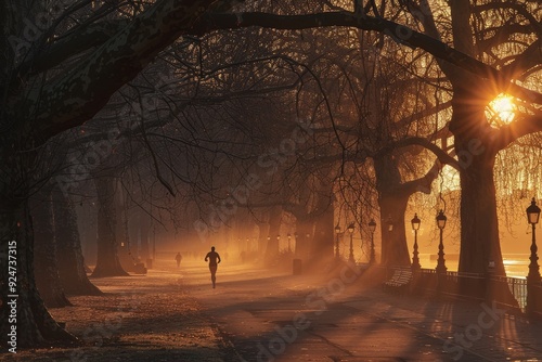 Early Morning Jog in Urban Park with Lone Runner Silhouetted Sunrise photo