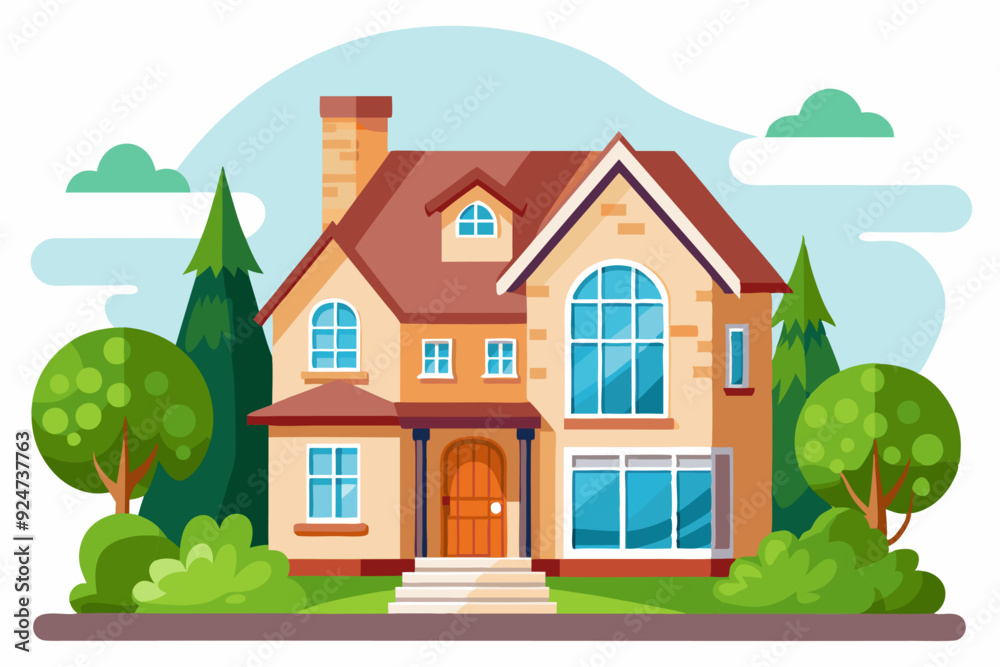 Fototapeta premium Two-Story Brick House with a Brown Door and Surrounding Greenery