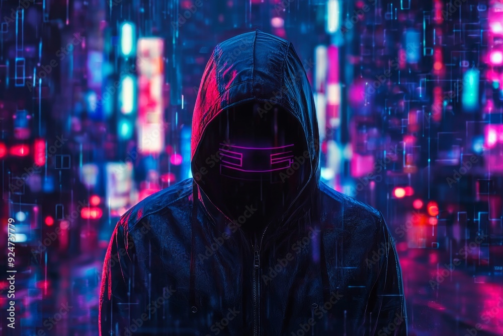 A hooded figure hacker standing against a backdrop of a dark, digital cityscape with neon lights. A hooded figure hacker standing against a backdrop of a dark, digital cityscape with neon lights.