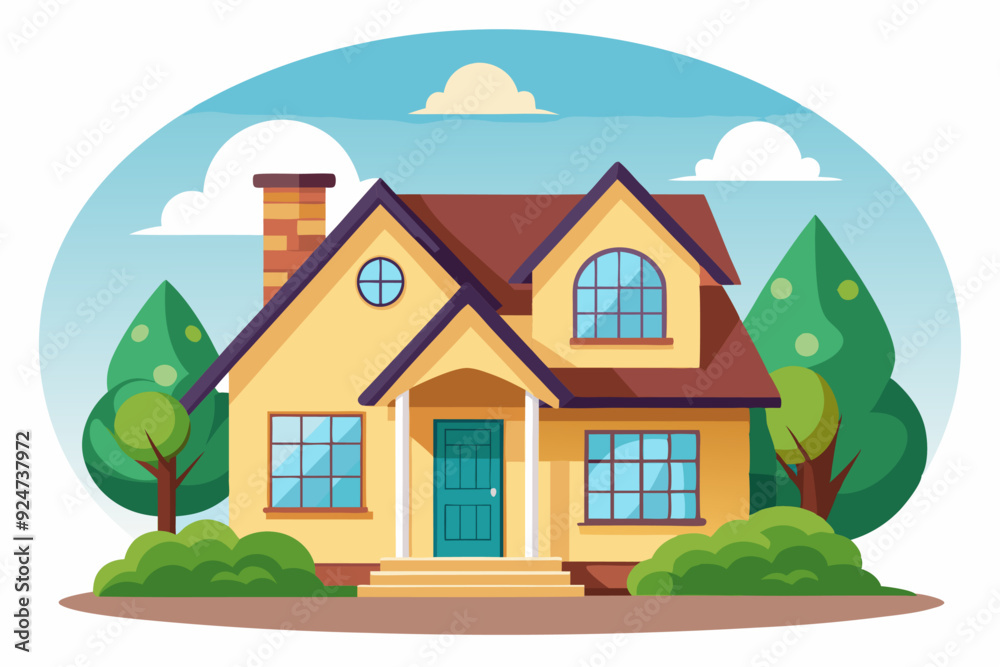 A Yellow House with a Brown Roof in a Sunny Landscape A Yellow House with a Brown Roof in a Sunny Landscape