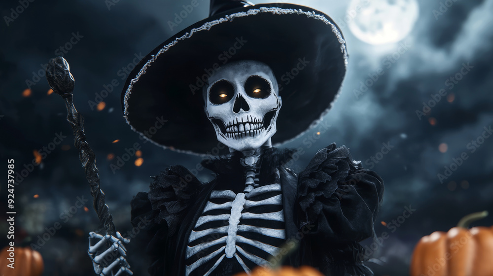 A spooky skeleton witch stands under the moonlight surrounded by pumpkins, capturing the essence of Halloween night. A spooky skeleton witch stands under the moonlight surrounded by pumpkins, capturing the essence of Halloween night.