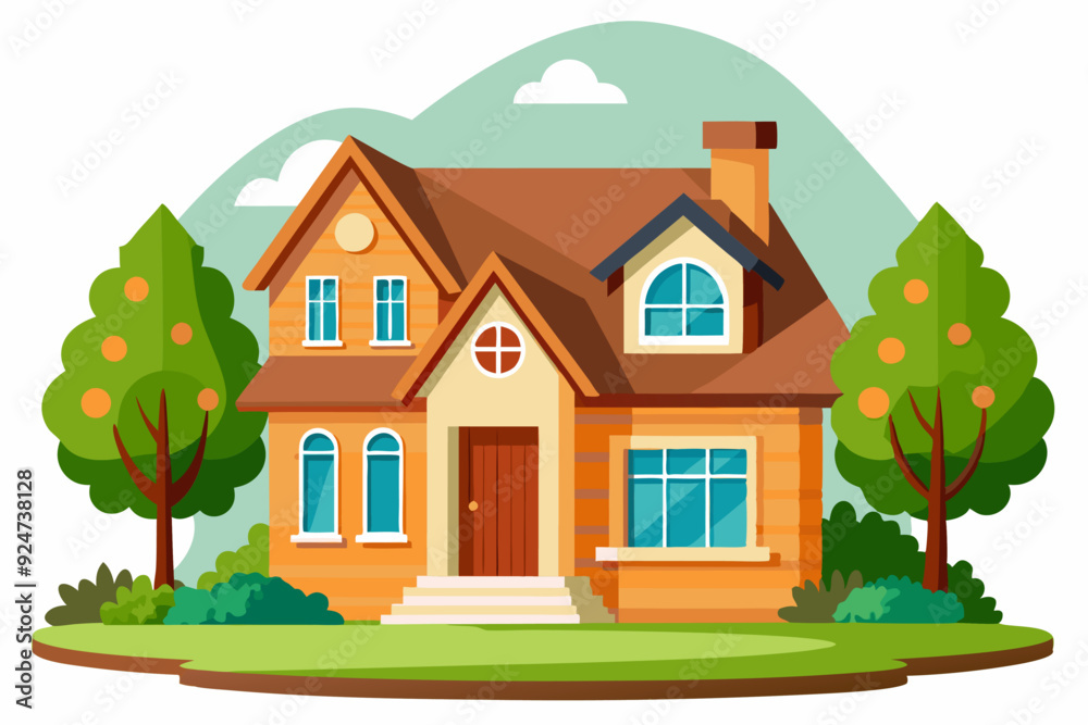Naklejka premium Two-Story Brick House with Green Trees and Lawn