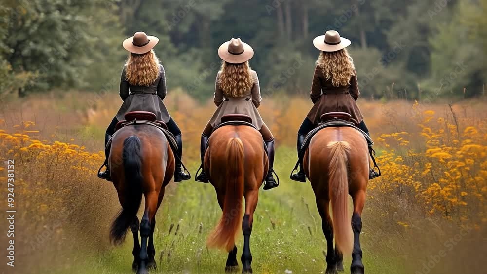 At the equestrian centre, horsewomen enjoy riding stunning horses side by side along the trail.