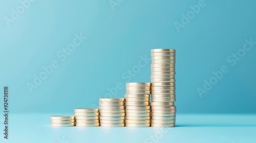 A stack of golden coins arranged in ascending order against a soft blue background, symbolizing financial growth and prosperity.