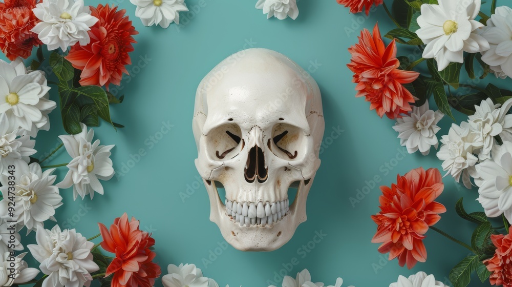 A striking skull surrounded by vibrant flowers, symbolizing the contrast between life and death in a colorful arrangement. A striking skull surrounded by vibrant flowers, symbolizing the contrast between life and death in a colorful arrangement.