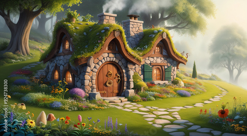 Beautiful illustrations and details of unique dwarf houses, AI generated
