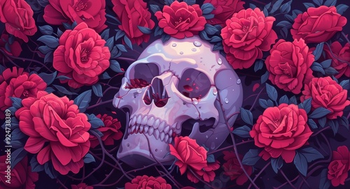 A stunning blend of skull and vibrant roses, symbolizing the cycle of life and death in a captivating artistic expression.