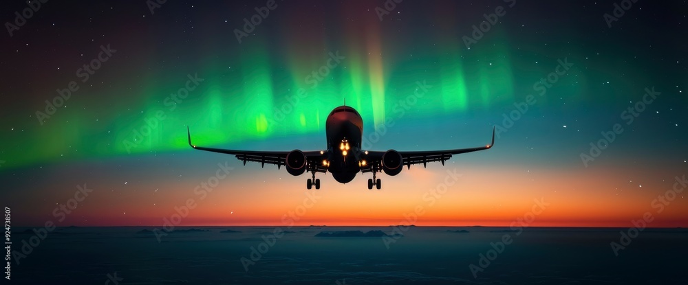 Naklejka premium Northern Lights Or Aurora Borealis With A Commercial Passenger Airplane Silhouetted Against The Green And Purple Sky