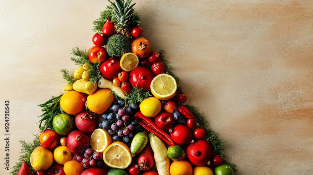 Variety of vegetables and fruits in triangle shape like a Christmas tree, light background, copy space. Generative AI Variety of vegetables and fruits in triangle shape like a Christmas tree, light background, copy space. Generative AI