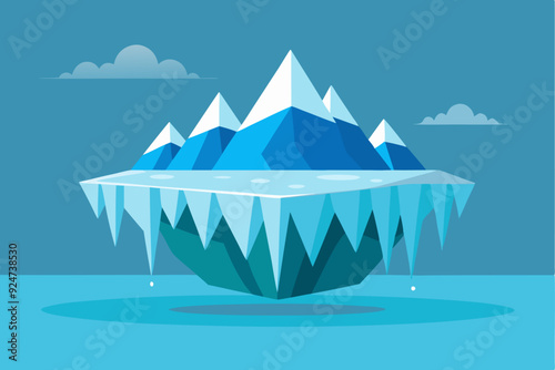 A Crystalline Mountaintop with Icicles Floating Over Blue Water