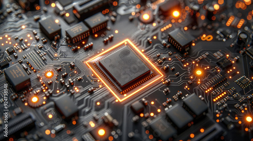 Circuit board microchips with orange backlight. Nanotechnology sustainable background.