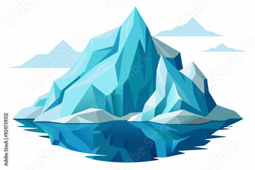 A large iceberg with a pointy peak, partially submerged in the water with its reflection showing