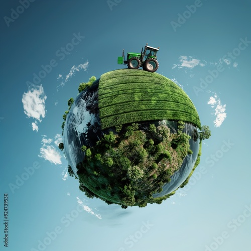 Fototapeta Naklejka Na Ścianę i Meble -  Green tractor on the planet earth. 3D illustration. 