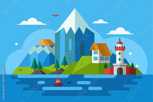 A Quaint Island Village with a Lighthouse and a Snowy Mountain