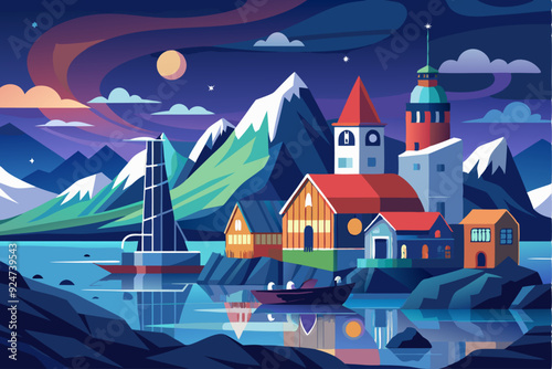 Nighttime Village by the Sea with Snowy Mountains