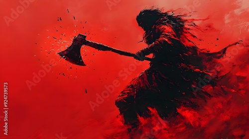 Berserker Warrior Wielding Axe with Explosive Energy in Bold Red Pop Art