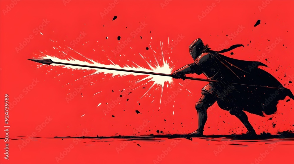 Warrior Knight Thrusting Spear with Splitting Air in Flat Design Warrior Knight Thrusting Spear with Splitting Air in Flat Design