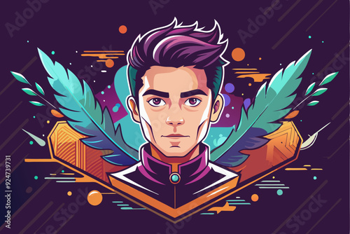 Digital Portrait of a Young Man with Purple Hair and Feathers
