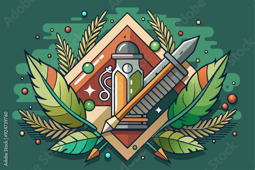 Stylized Illustration of Art Supplies Surrounded by Green Foliage