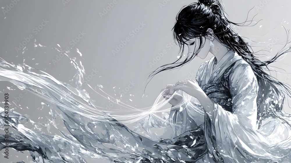 Fototapeta premium Ethereal Goddess Weaving the Threads of Fate in Monochrome Anime Art