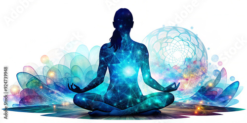 Silhouette of a single girl meditating and relaxing, yoga, with elements of the universe, bioenergetics, inner peace, highlighted on a white, transparent background png