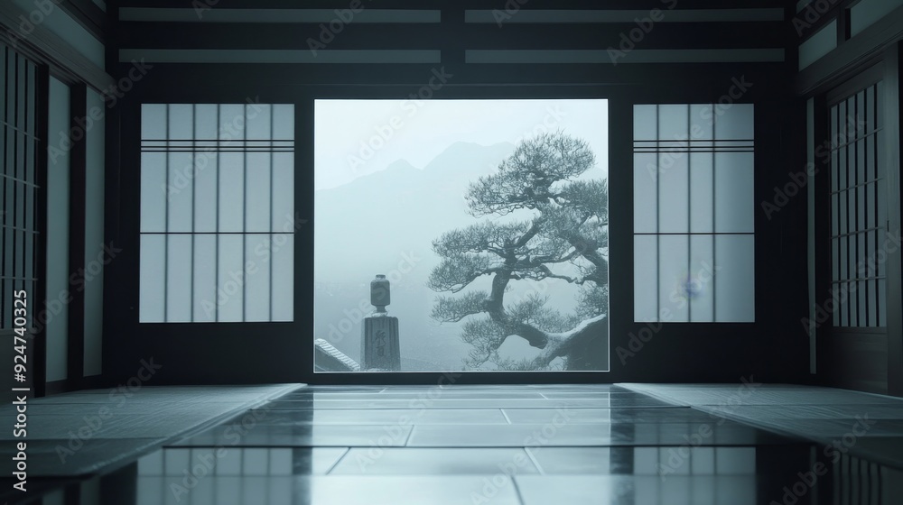 Fototapeta premium A serene view through a traditional Japanese doorway, showcasing a misty landscape with a tree and lantern.